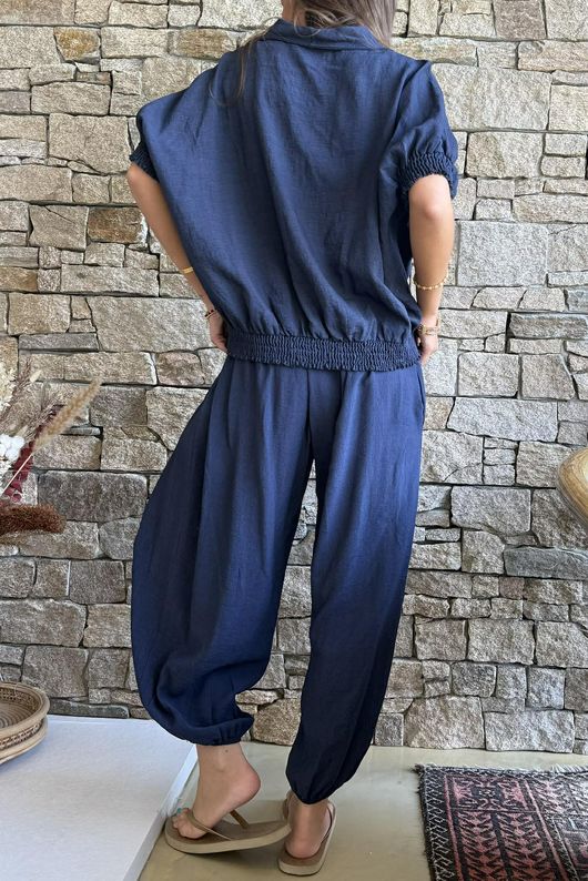 Basso Button Drape Cap Sleeve Shirt Navy